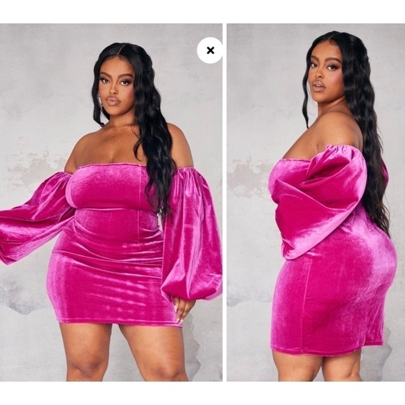 Pretty Little Thing Fuchsia Pink Velvet Puff Sleeve Bodycon Mini Dress XL 14 - Picture 2 of 7